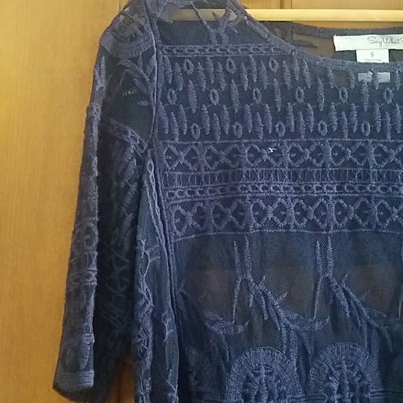 Navy Blue Lace Elbow Length Sleeve Blouse - Picture 4 of 5